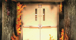 metal fire doors inside buring building