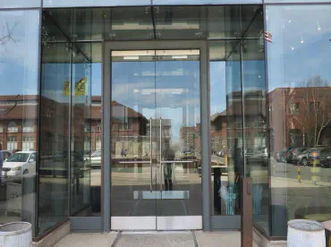 Glass entrance doors to an office building