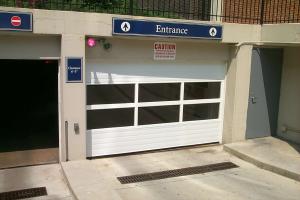 Entrance and exit doors to underground parking garage
