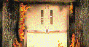 fire rated door inside builing that is on fire