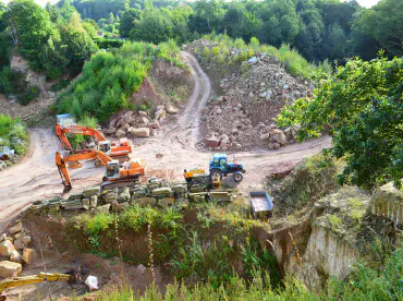 Overhead view of large equipment digging in the earth.