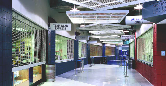 food service counters at the United Center with security shutters closed